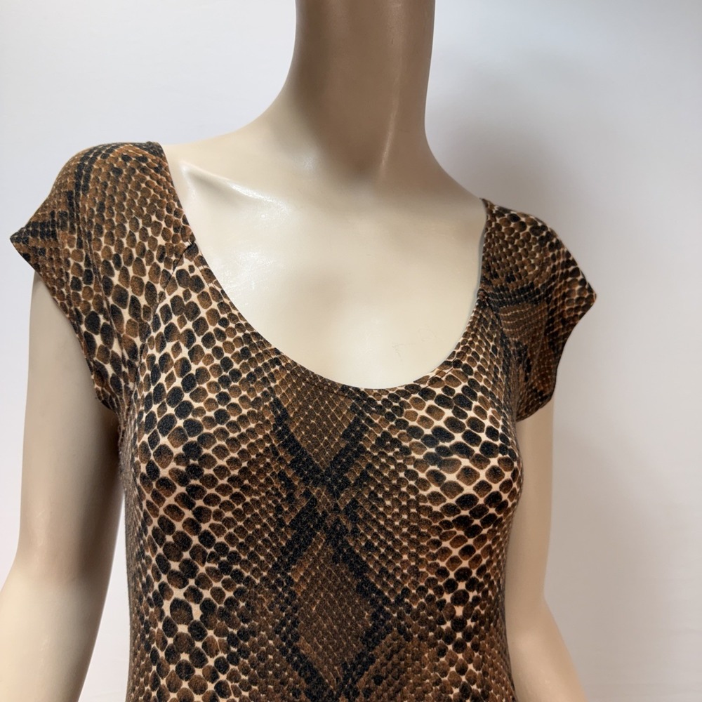 Betsey Johnson Vintage Midi Dress Size S‎ Bodycon Flare Brown Snake Print Jersey - Picture 2 of 7